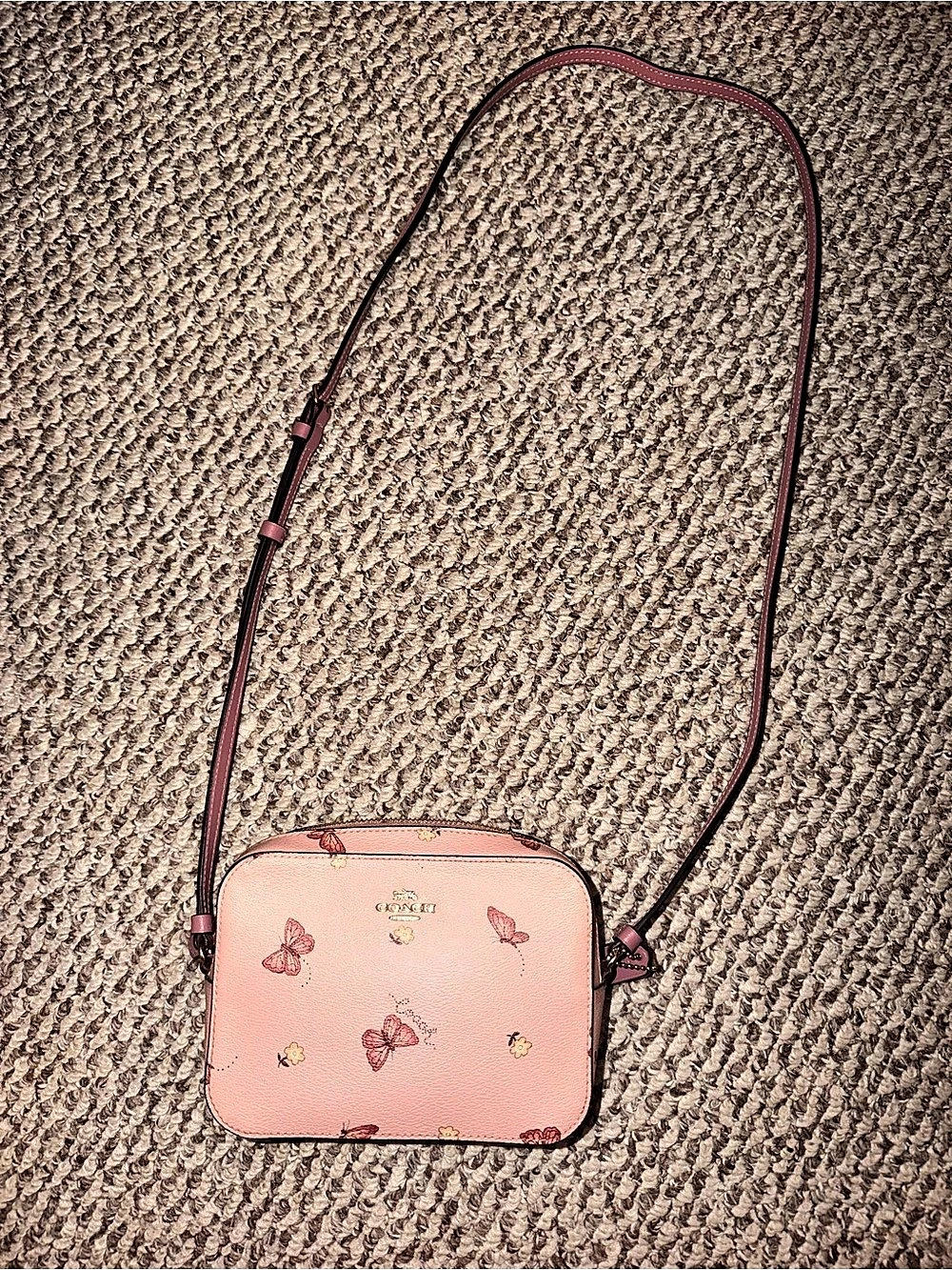 Coach Mini Camera Bag With Butterfly Print Floral Crossbody in Pink & Red